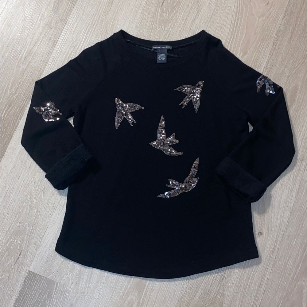 Chelsea & Theodore Rolled Cuff Sequined Flying Bird Top